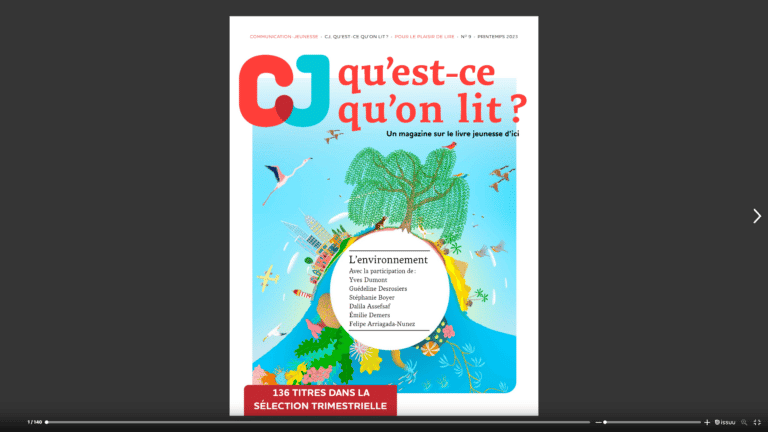 Couverture du magazine CJ, qu'est-ce qu'on lit? du printemps 2023 - thématique Environnement